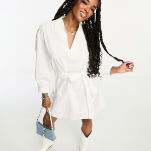 Mango cinched tie waist shirt dress in white