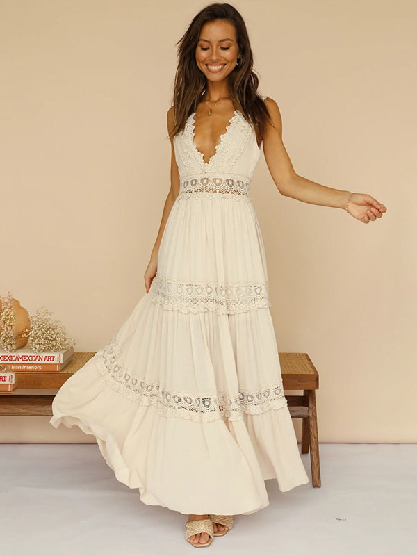 Maxi Dress V-Neck Sleeveless Casual Backless Long Dress