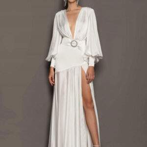 Maxi Party Dresses White V-Neck Birthday Long Sleeves High-slit Prom Dress