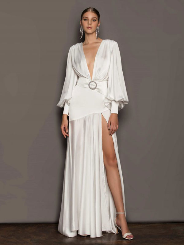 Maxi Party Dresses White V-Neck Birthday Long Sleeves High-slit Prom Dress