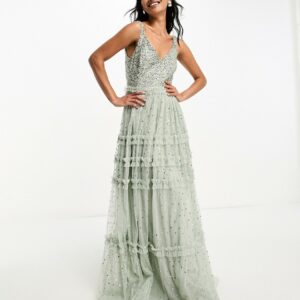 Maya Bridesmaid maxi tulle dress with tonal delicate sequin and full skirt in sage green co ord