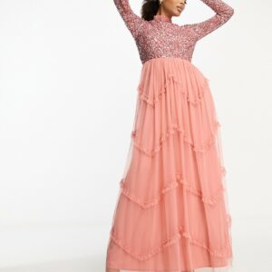 Maya delicate sequin long sleeve ruffle skirt maxi dress in terrocota pink