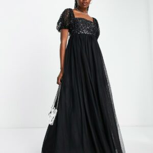 Maya delicate sequin puff sleeve babydoll maxi dress in black