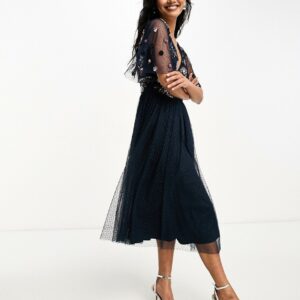 Maya embellished midi dress with tulle skirt in navy-Blue