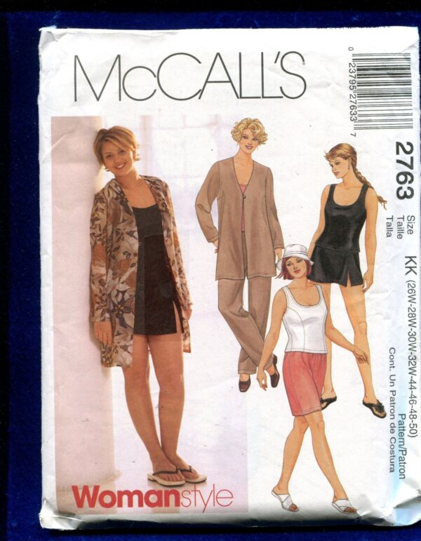 Mccalls 2763 Two Piece Swimsuit Tank Top Pants Shorts & Cardigan Jacket Sizes 26W To 32W Uncut