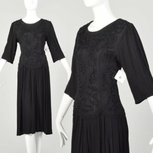 Medium 1990S Little Black Dress Beaded Quarter-Sleeve Crepe Cocktail