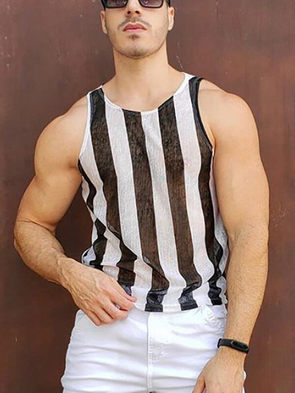 Men Mesh See Through Striped Crew Neck Tank Top