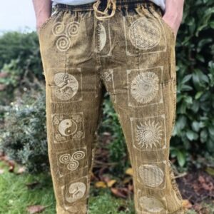 Men & Women's Stonewash Symbol Cargo Trousers, Tree Of Life, Pants, Gold Black, Hippy Pants