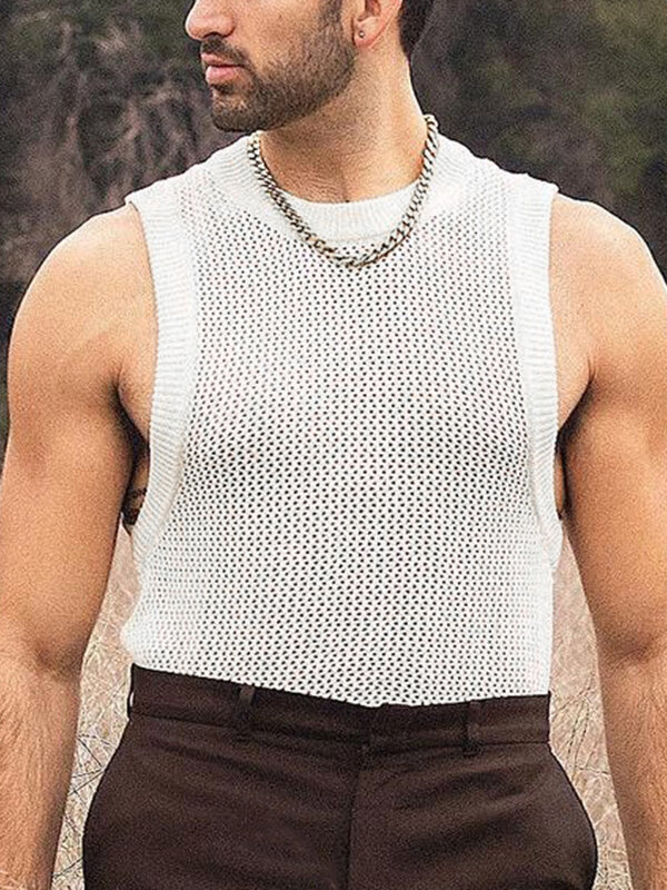 Mens Crochet Knit Mesh See Through Casual Tank Top