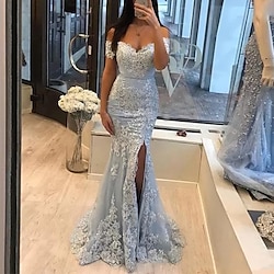 Mermaid Party Dress Prom Dresses Luxurious Dress Formal Wedding Guest Sweep / Brush Train Sleeveless Off Shoulder Tulle with Slit Appliques 2024