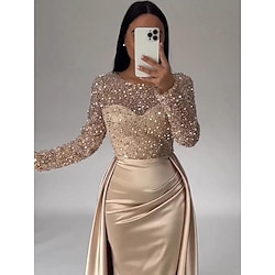 Mermaid Sequin Evening Gown Ruched Satin Dress Long Sleeves Floor Length Sparkle Illusion Neck Prom Wedding Guest Dress with Pearls Overskirt 2024