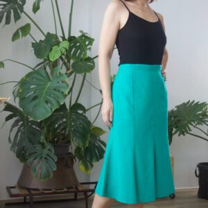 Mermaid Vintage Midi Skirt 80S Woven Green Emerald Turquoise Godet Canvas Paneled Godet Vintage