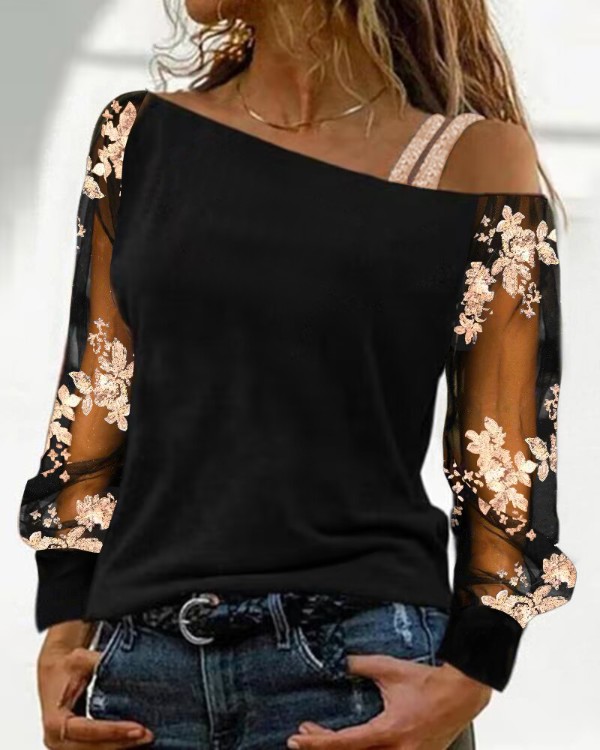 Mesh Patch Floral Sequin Cold Shoulder Top