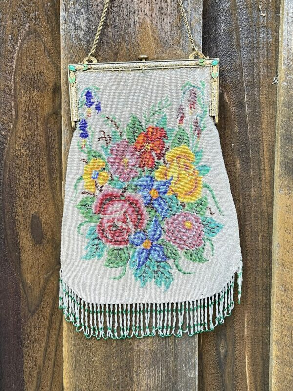 Micro Beaded Antique Floral Purse Art Deco Fringe Bag Ornate Brass Scarab Cabochon Enameled Frame Chain Strap 20S Flapper Vintage Handbag