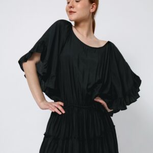 Mini Black Dress With Ruffle Sleeve & Adjustable Cinched Waist