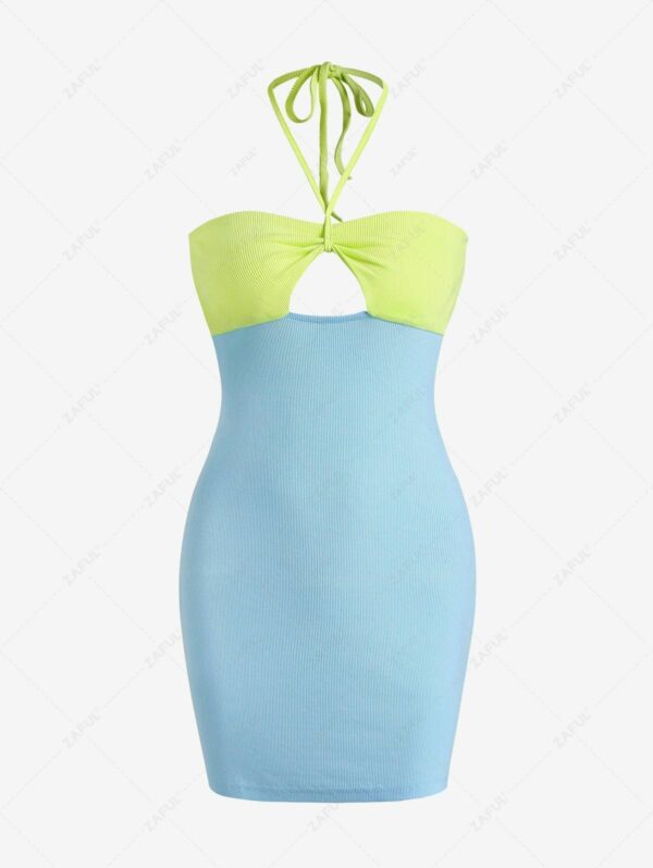 Mini Dress Ribbed Colorblock Halter Keyhole Slinky Dress S Blue