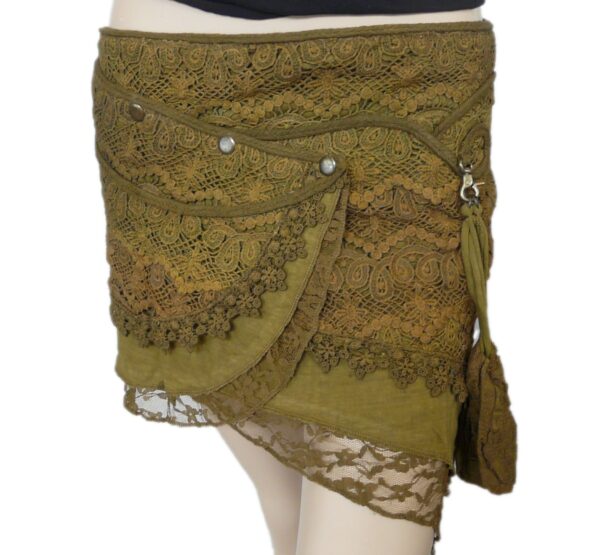 Mini Skirt Henna Green Pixie Yarra Wrap Lace Cotton; Detachable Purse, Hippie Short Elven Boho Goa Skirt