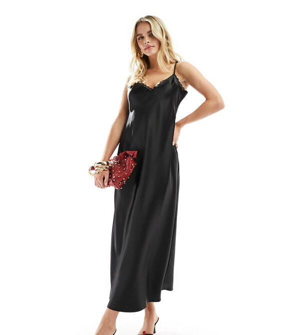 Miss Selfridge Petite satin lace trim maxi slip dress-Black