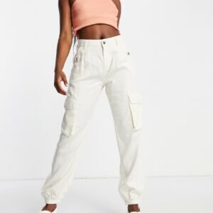 Miss Selfridge baggy cargo pant with elasticated hem in stone-Neutral