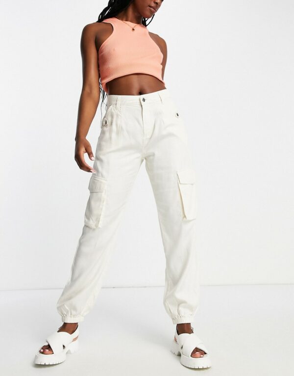 Miss Selfridge baggy cargo pant with elasticated hem in stone-Neutral