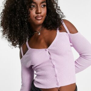 Miss Selfridge button through cold shoulder rib top in lilac-Purple