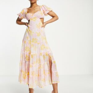 Miss Selfridge chiffon tiered backless maxi dress in orange tropical print-Pink