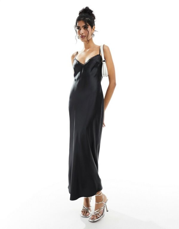 Miss Selfridge satin lace trim maxi slip dress-Black