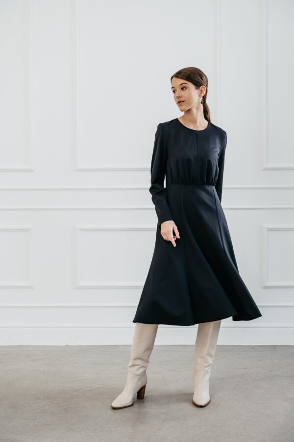 Modern Fit With Waist Cut & Godet Skirt in Midi Length, Office Wear Dress Pockets, Long Sleeves Wrinkled Chest For Relaxed