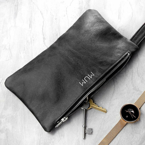 Monogrammed Black Leather Clutch Bag