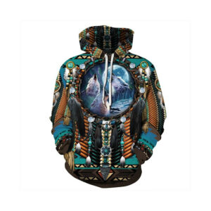 (Moon Howling Wolves, 2XL) Indian Chief Native Tribal Totem Pullover Hoodie Jacket