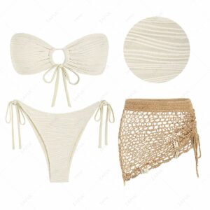 Multiway Textured Tie Side Tanga Bikini Set With Shell Crochet Beach Skirt Coffee