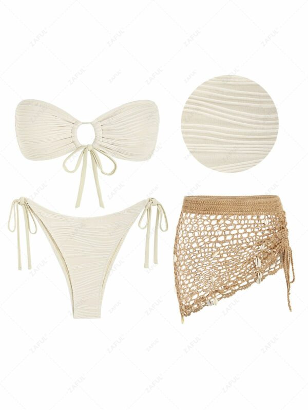 Multiway Textured Tie Side Tanga Bikini Set With Shell Crochet Beach Skirt Coffee