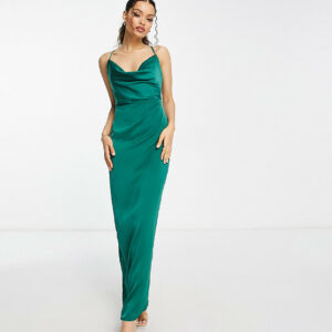 NaaNaa Petite cowl neck satin prom maxi dress in emerald green