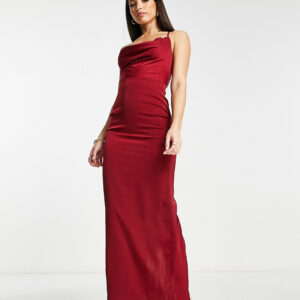 NaaNaa Tall cowl neck satin prom maxi dress in burgundy-Red