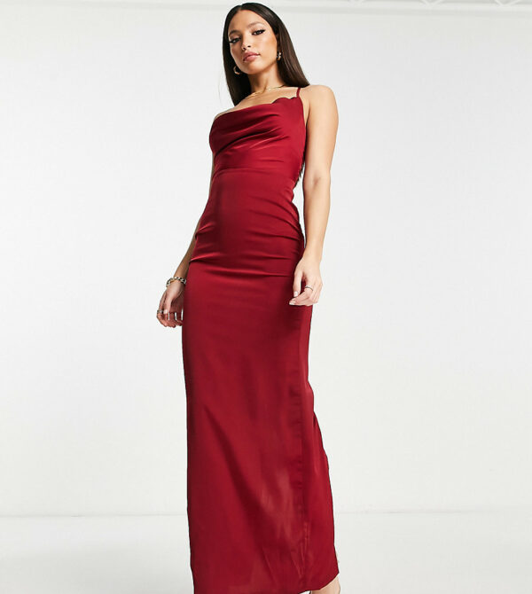 NaaNaa Tall cowl neck satin prom maxi dress in burgundy-Red