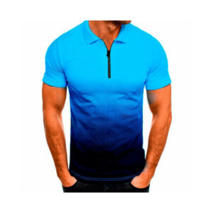 (Navy Blue, XL) Men Gradient Zipper Short Sleeve Polo Shirt Casual Tops Blouse Pullover T-Shirts