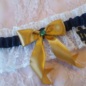 Navy Gold Satin White Lace Wedding Garter Belt Or 2Pc Set Green Rhinestone