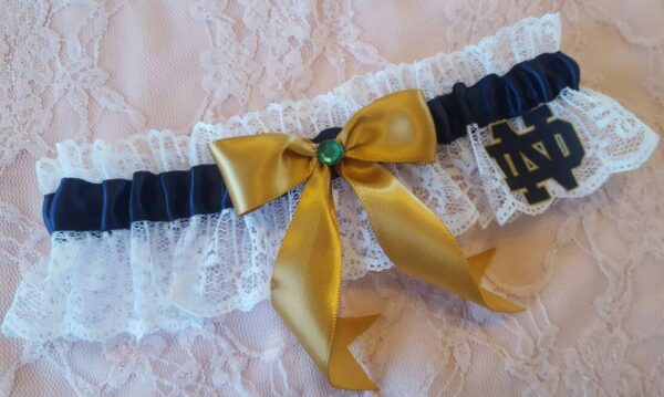 Navy Gold Satin White Lace Wedding Garter Belt Or 2Pc Set Green Rhinestone