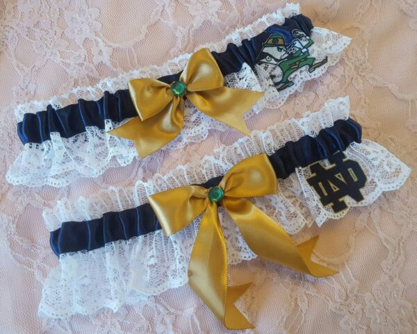 Navy Gold Satin White Lace Wedding Garter Belt Set Green Rhinestone