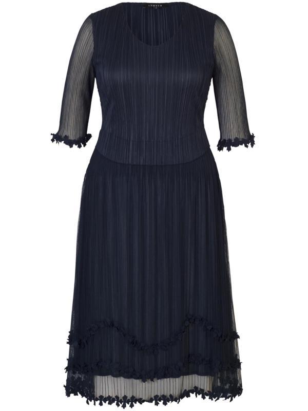 Navy Mock Layer Daisy Chain Trim Crush Pleat Mesh Evening Dress