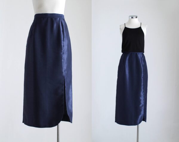 Navy Satin Skirt, Womens Tulip Metallic Skirt, Iridescent Blue Silky Slit Maxi Y2K 28