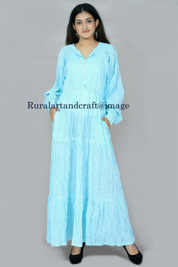 New Hand Block Print Stripe Cotton Gown Dress Maxi Long Party Wear Long Gown Dress