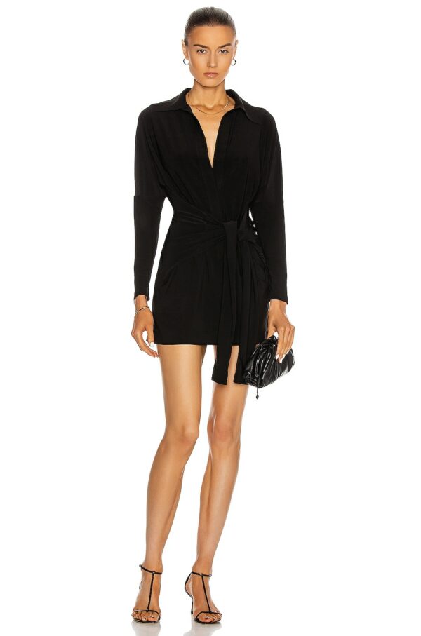 Norma Kamali Mini Tie Front Shirt Dress in Black - Black. Size L (also in M, S, XL, XS).