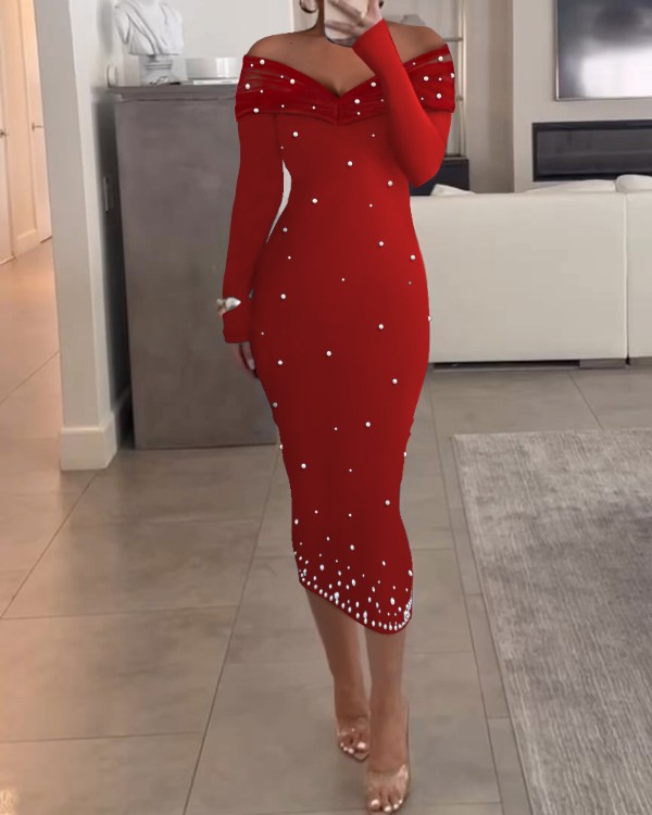 Off Shoulder Long Sleeve Beaded Midi Dress