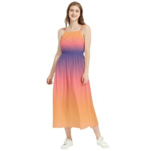 Ombre Boho Maxi Sleeveless Dress, Cinched Waist Casual