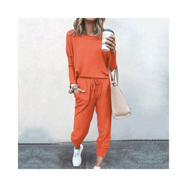 (Orange, L) 2-piece women's solid color sportswear suit hoodie pants