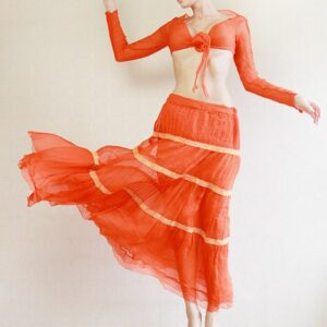 Orange Red Pure Silk Tiered Maxi Skirt & Top Belly Dancer Set