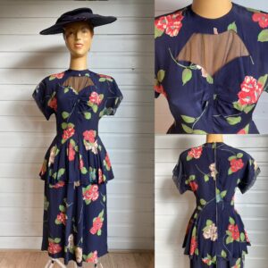 Original 1940S Cold Rayon 2 Piece Suit Print Peplum Blouse & Skirt Xs