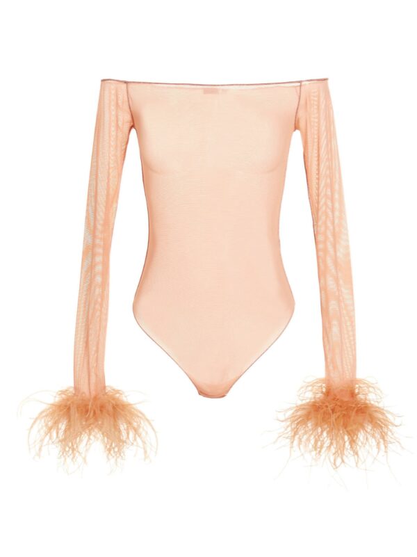 Oseree Feather Transparent Mesh Bodysuit