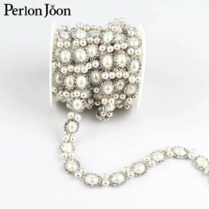 Oval Pearl Rhinestone 1-5 Yards Wedding Bridal Belt Sash Trim Shaped Diamante Applique Silver Sew On Chain Prom Dance Costume Dress Garment